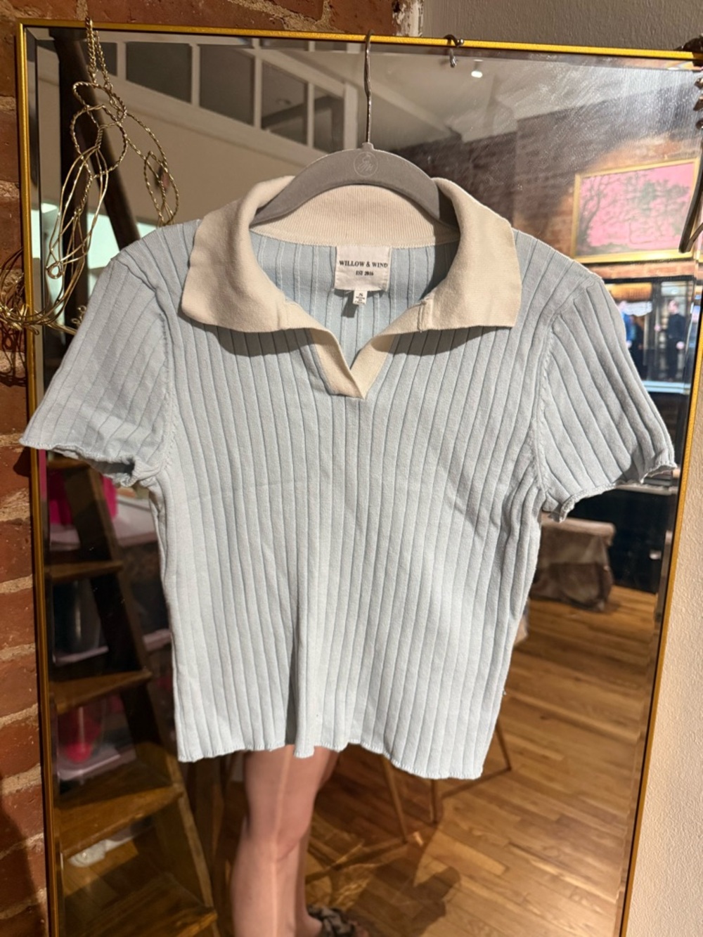 Willow & Wind Light Blue Ribbed Polo Top with Cream Collar